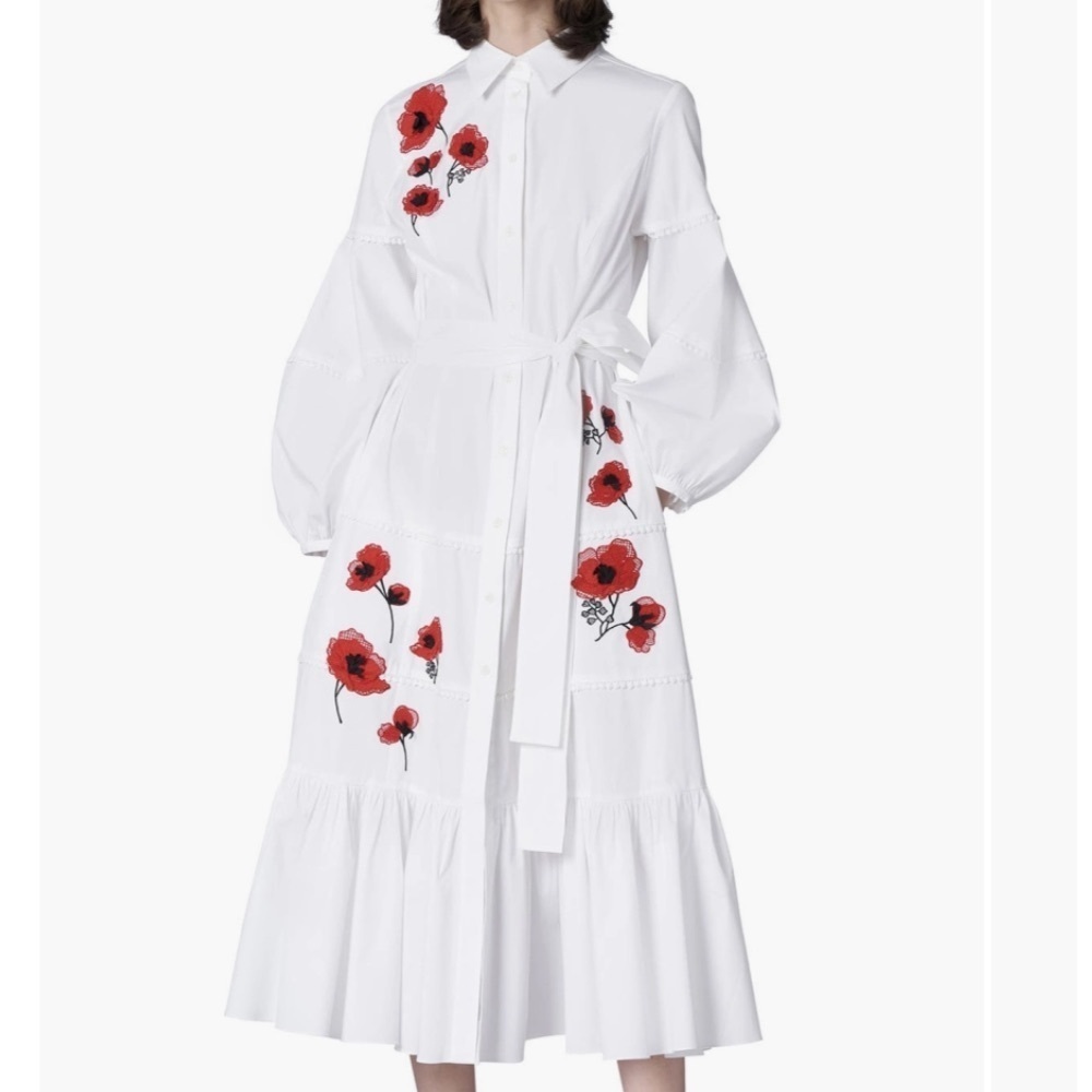 New Carolina Herrera Embroidered Midi Shirt Dress Size 8